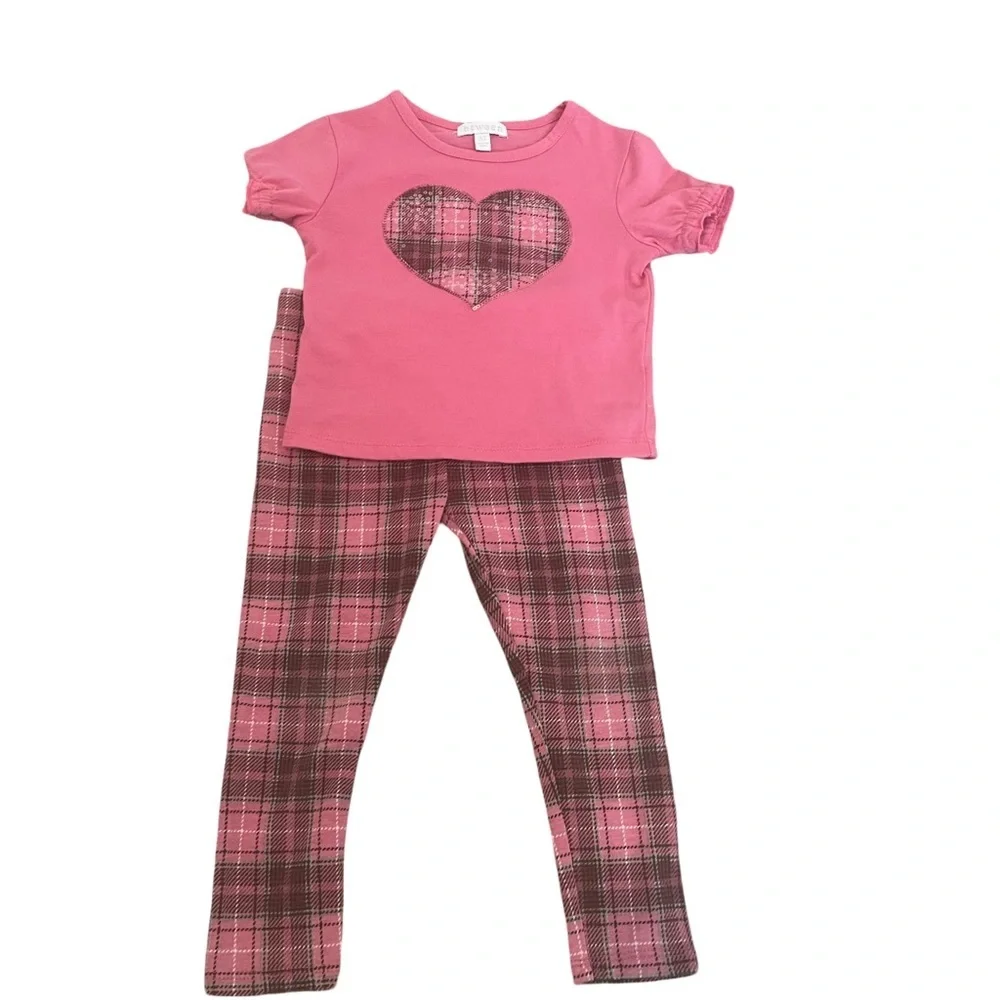 Btween Girl’s Pink and Brown Heart Top w/ Plaid pants Matching Set. Size: 3T. - Picture 1 of 6